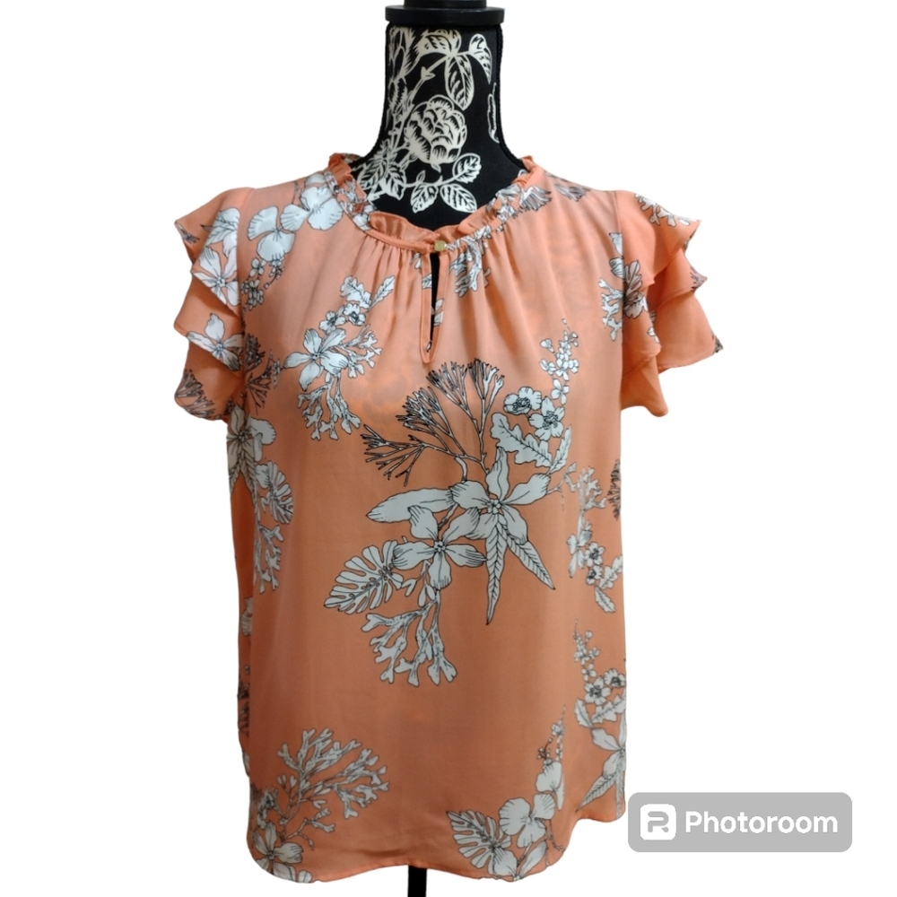 Liz Claiborne Boho Peach Botanical Ruffle Blouse